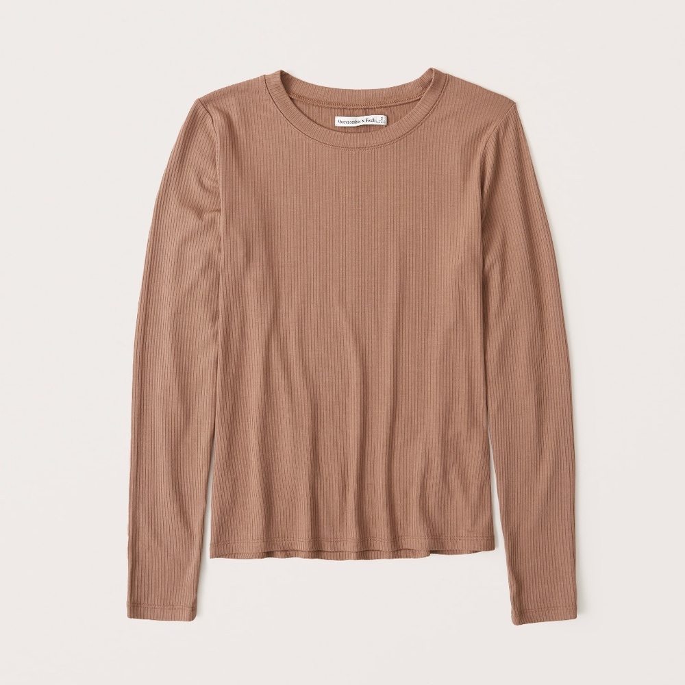 Abercrombie Women's Long-Sleeve Drapey Ribbed Tee - Cognac Brown - Small